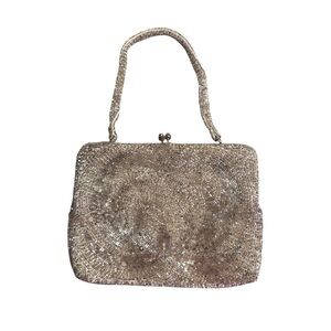 Vtg MCM Silver Beaded Bag Clutch Purse Handbag Kiss Clasp Korea Glam Prom